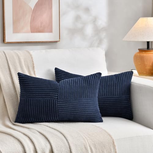 Fancy Homi 2 Packs Navy Blue Lumbar Decorative Throw Pillow Covers 16x26 Inch for Living Room Couch Bed Sofa, Farmhouse Home Decor, Soft Striped Corduroy Rectangle Accent Cushion Case 65x40 cm - Image 5