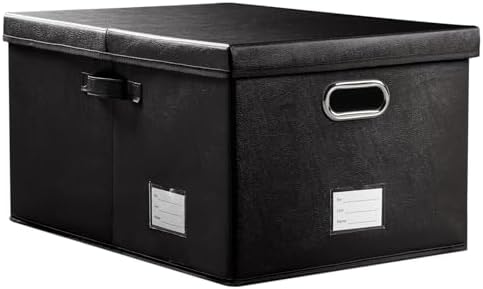 PRANDOM Collapsible Storage Box with Lid [1-Pack] Leather Fabric Foldable Storage Bin Organizer Container Basket Cube with Cover for Home Bedroom Closet Office Nursery Black (22.8X15.7X11.8) by Prandom
