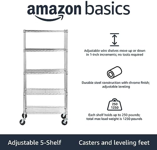 Amazon Basics 5-Shelf Adjustable, Heavy Duty Storage Shelving Unit on 4" Wheel Casters, Easy to Move Portable Wire Shelving, No Tools Needed for Easy Assembly, 30" x 14" x 64.8", Chrome - Image 3