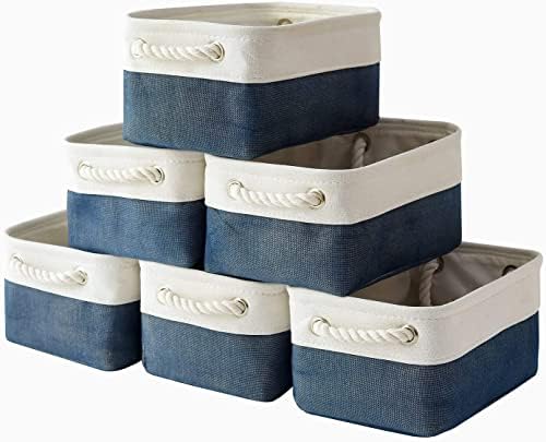 TheWarmHome Storage Basket for Organizing - Small 12x8x5.2 inch 6 Pack Collapsible Storage Bin for Shelves, Canves Storage Cubes for Organizer Cloth Box Gift Toys Closet (White & Jean Blue) by TheWarmHome