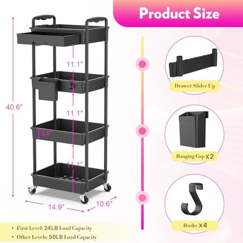 SUNALLY Makeup Cart Organizer with Drawer,4 Tier Rolling Makeup Cart, Black - Image 2
