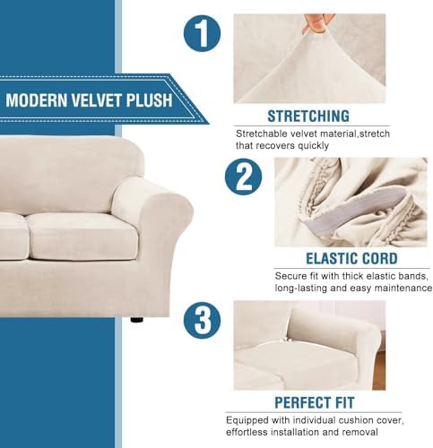 H.VERSAILTEX Modern Velvet Plush 4 Piece High Stretch Sofa Slipcover Sofa Cover Furniture Protector Form Fit Thick Velvet Sofa Cover for 3 Cushion Couch Width Up to 90 Inch (Sofa, Cream) - Image 3