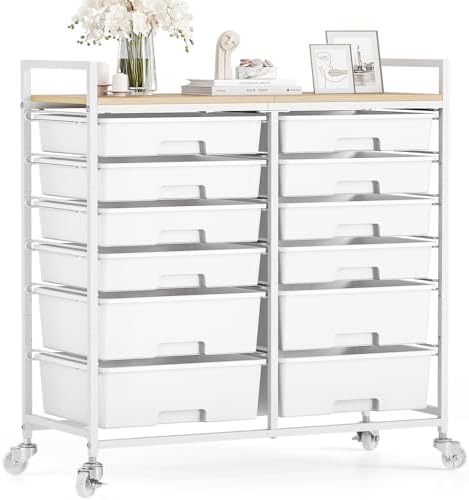 TOOLF 12 Drawers Rolling Storage Cart with Wooden Top for Classroom,White by TOOLF