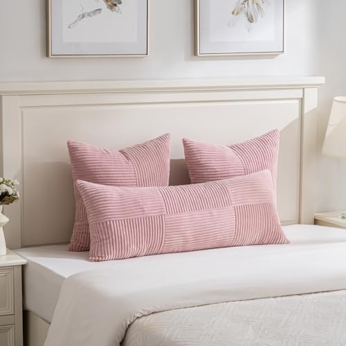 Fancy Homi 2 Packs Blush Pink Big Decorative Throw Pillow Covers 24x24 Inch for Living Room Couch Bed Sofa, Rustic Farmhouse Boho Home Decor, Soft Corss Corduroy Patchwork Accent Cushion Case 60x60 cm - Image 5