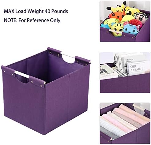 HOONEX Large Collapsible Storage Bins, Linen Fabric, Pack of 2, Storage Baskets with Wooden Carry Handles and Sturdy Heavy Cardboard, for Home, Office, Car, Nursery, Dark Purple - Image 2