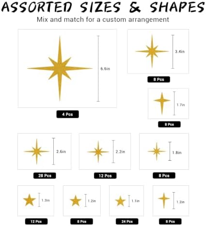 120 Pcs Glitter Gold Star Wall Decals | Retro Starburst Decor, Assorted Shapes & Sizes, Peel and Stick - Image 4