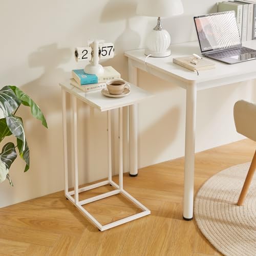Aibiju C Shaped End Table Set of 2, Small Side Table for Sofa and Bed, White Bedside Table, Laptop Desk for Couch, 16x12x25 Inch, Faux Marble with White Frame YD-TM051W-2 - Image 4