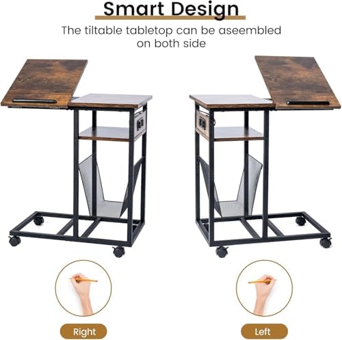 FLYJOE End Table C Shape with Charge Station, Tilting Top Side Table with Magazine Holder and Lockable Wheels, Easy Assembly for Living Room, Bedroom, Industrial Style, Rustic Brown - Image 7