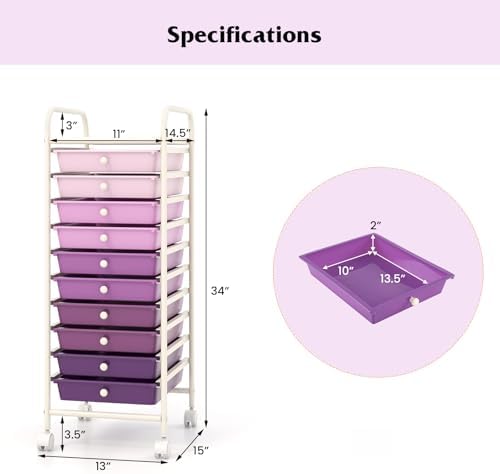 10-Drawer Rolling Storage Cart, Trolley w/Lockable 360° Wheels, 10 Removable PP Drawers, Sturdy Metal Frame, Rolling Utility Cart Perfect for Home, Office, Classroom (Gradient Purple) - Image 3