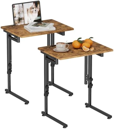 Adjustable Folding TV Tray Table,TV Dinner Small Foldable C-Shaped End Table for Eating,6 Height Adjustable Slide Under Couch Side with Sturdy MDF Top,No Assembly(Brown,2Pcs) by Fleecy+day