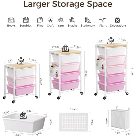 Rolling Cart with 5 Drawers, Plastic Drawer Storage Carts with Wheels & Wooden Tabletop, Metal Utility Cart with Pegboards, Office Living Room Classroom Craft Organization and Storage, Bright Pink - Image 3