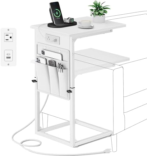 Vagusicc C Shaped End Table with Charging Station, Adjustable Height Side Table for Couch, Small Sofa Table for Small Spaces, Slide Under Sofa Table TV Tray Arm Tables for Living Room, Bedroom, White by Vagusicc