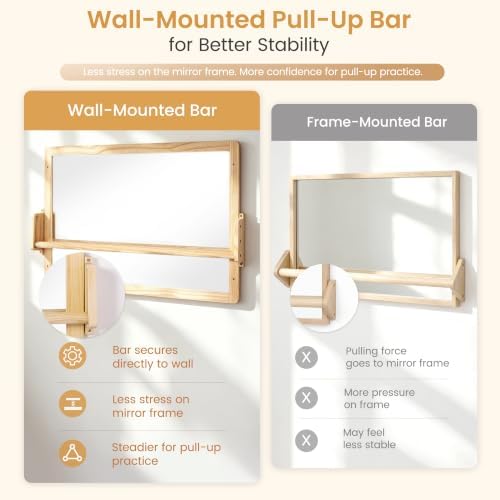 Montessori Mirror with Pull Up Bar, Large 38.2 x 23.6 in Natural Wood & Shatter-Resistant Acrylic Baby Mirror for Tummy Time, Horizontal/Vertical Floor Use, Wall Mounting and Pull-to-Stand - Image 2