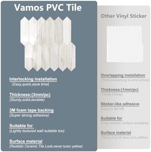 Vamos Tile Glossy Wood Marble Grain Backsplash Tile Peel and Stick, 12.8 x 12.8 Inch 10 Sheets Long Hexagon PVC Self Adhesive Mosaic Wall Tiles Stick on Backsplash for Kitchen and Bathroom - Image 4
