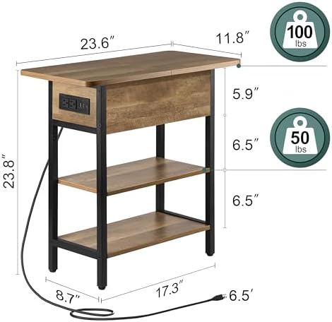 Yoobure End Table with Charging Station, Flip Top Side Table with USB Ports and Outlets, Sofa Couch Table Bedside Table for Living Room Bedroom, Narrow Nightstand with Storage Shelves for Small Space - Image 3