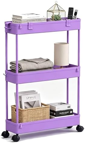 SPACELEAD Slim Storage Cart 3 Tier,Bathroom Organizer Rolling Utility,Mobile Shelving Unit Slide Out for Office, Kitchen, Laundry Room & Narrow Places,Purple by Home