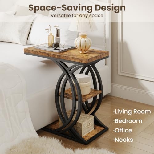 C Shaped End Table, Bed Side Table, 3-Tier Side Table with Metal Frame, Wood End Table with Storage for Living Room, Couch, Sofa, Bedroom, Easy Assembly, 23.6" D*11.8" W*23.6" H, Rustic Brown - Image 7