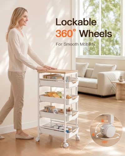 Pipishell Rolling Storage Cart with Drawers & Lockable Wheels, White - Image 5