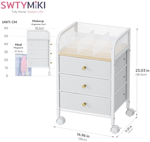 SWTYMIKI Rolling Makeup Organizer Cart - 14.96″*11.81″*23.03″ Widened Under Desk Vanity Storage with 3 Non-woven Drawers, Cosmetic Display Cases for Skin Care Perfume Nail Polish Brush Hair Tool White - Image 2