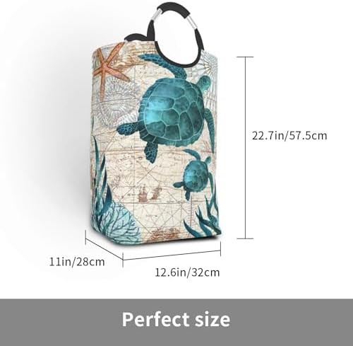 LIBIFALL Vintage Sea Turtle Large Laundry Basket Beach Decor Laundry Hamper Bag Collapsible Laundry Baskets Clothes Hamper with Handles Ocean Storage Baskets For Bathroom Family 50L - Image 3