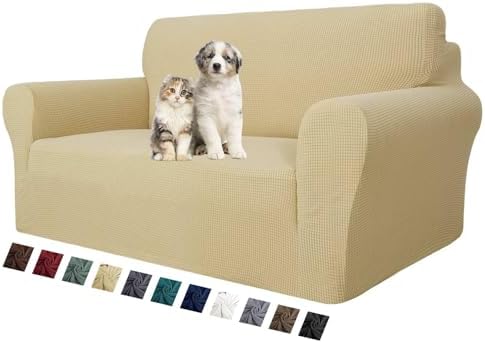 MAXIJIN Stretch Loveseat Sofa Slipcovers 1 piece Love Seat Couch Covers for 2 Cushion Couch Non Slip Sofa Cover Washable Dog Cat Proof Furniture Protector Pet Friendly (Loveseat, Beige) by MAXIJIN