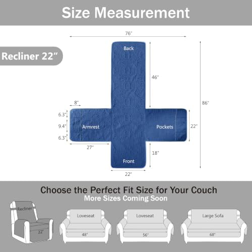 Blue Quilted Recliner Covers, Waterproof Recliner Chair Covers, Lazy Boy Chair Covers, Pet Friendly Recliner Slipcover for Dogs, Washable Sofa Couch Cover (Recliner 22", Blue) - Image 6