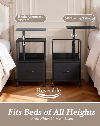 Faesun Swivel Lift Top Nightstand with Charging Station, Rolling Side Table for Recliner, Bedside Table with Wheels & a Fabric Drawer, for Small Spaces, for Bedroom, Living Room, Black - Image 3
