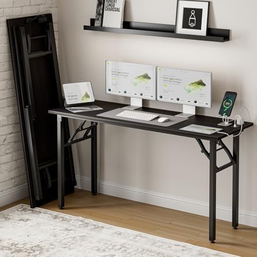 Frylr Small Folding Computer Desk – 55.1 Inch Portable Table for Craft and Study, Lightweight Desk for Small Spaces, Foldable Laptop Table Built-in AC/USB Outlets for Convenience, Dark Oak by Frylr