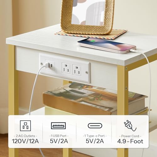 HOOBRO Side Table with Charging Station and USB Port, Small End Table for Small Space, 3-Tier Nightstand with Adjustable Shelf, for Living Room, Bedroom, White and Gold DW112BZ01G1 - Image 5