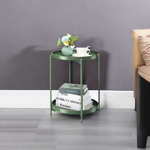 danpinera 2 Tier Metal Side Table with Removable Tray, End Table Outdoor Small Accent Table, Anti-Rust Green Nightstand for Bedroom Balcony Patio (Dark Green) - Image 2