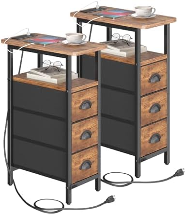 shtmec Narrow End Table Set of 2 with Charging Station, Side Tables Set 2 with Fabric Drawers, Small Bedside Tables Nightstands for Small Space, Slim Sofa Couch Table for Livingroom, Rustic Brown by Unknown