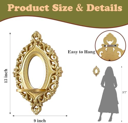 2 Set Vintage Candle Wall Sconce for Home Decor Living Room Bedroom Office Wood Antique Mirrored Victorian Mounted Candlestick Wall Holder Relief Hanging Decor -Gold 11.8in - Image 5