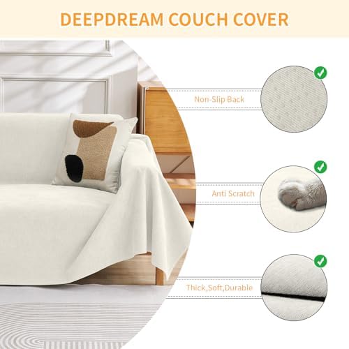 Deep Dream Cat-Scratch Resistant Couch Cover, Waterproof Sofa Cover for 3 Cushion Couch Washable, Pet Friendly Couch Protectors Anti Slip Thickened Sofa Slipcovers for Dogs Pets, 71" x 150", White - Image 3