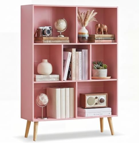 YAHARBO Light Pink Bookshelf,3 Tier Book Shelf with Legs, 7 Cube Minimalist Bookcase,Storage Organizer Shelves Display Bookcases for Bedroom,Living Room by YAHARBO