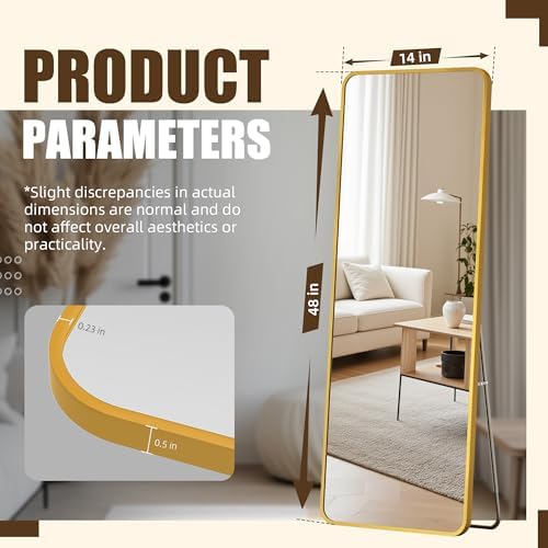 Antok Over The Door Mirror Full Length, 49'' x 14''Wall Mounted Hanging Mirror, Aluminum Alloy Frame, Shatterproof Glass, No Drill Installation for Bedroom, Closet, Bathroom, Dorm, Round Corner,Gold - Image 4