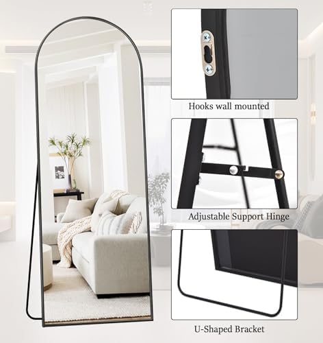 Rowjut 64"x21"Floor Mirror Arched Full Length Mirros, Mirror Floor Length Standing Hanging or Leaning & Large Full Body & Wall Mirror for Bedroom, Living Room, Aluminum Frame, Black - Image 4