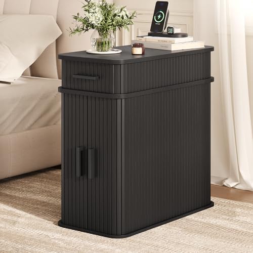 ComfyCorner Side End Table, Skinny Bedside Table, Fluted Nightstand Black by ComfyCorner
