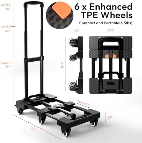 Voipvvii Folding Hand Truck 500lbs, Portable Heavy Duty Dolly Cart, 6 Wheels Collapsible Luggage Cart with 2 Elastic Ropes - Compact Trolley Cart for Easy Moving - Ideal Hand Cart for Travel and More - Image 3
