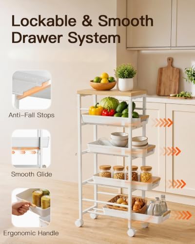 Pipishell Slim Storage Cart, Wooden Top Narrow Kitchen Storage Cart, White - Image 2