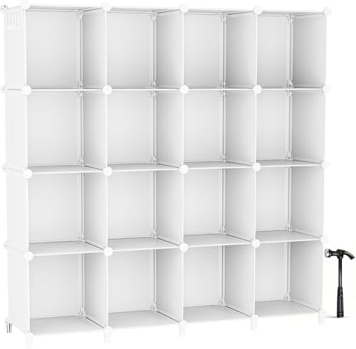 Neprock 16 Cubby Storage Organizer, Closet Clothes Storage Organizer, Cube Shelves Closet Organizers and Storage Shelves for Clothing Storage with Hammer, Bookshelf for Kids (White) by Neprock