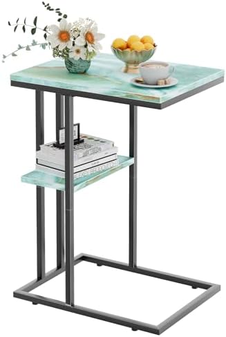 C Shaped Side Table, Couch End Table for Small Space, Blue&Green by Katrawu