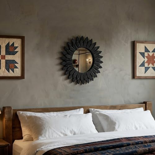 20" Black Round Sunburst Wooden Mirror Boho Rustic Wall Decor - Image 7