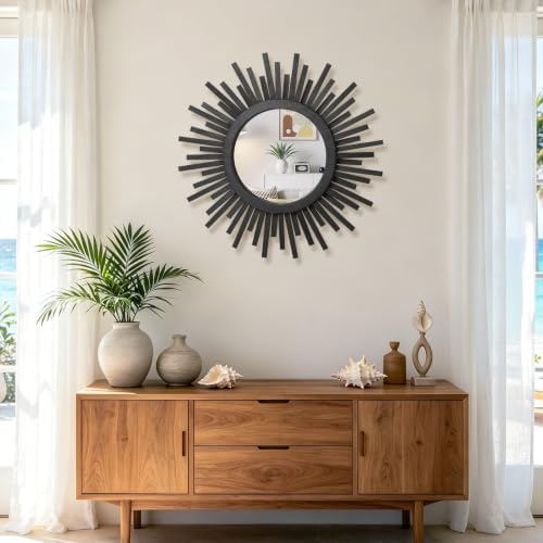 18 Inch Boho Sunburst Mirror, Round Wooden Wall Decor Starburst Sun Mirror for Bedroom, Living Room, Bathroom, Hallway, Balcony, Farmhouse Entryway, Housewarming Gift（Black - Image 2