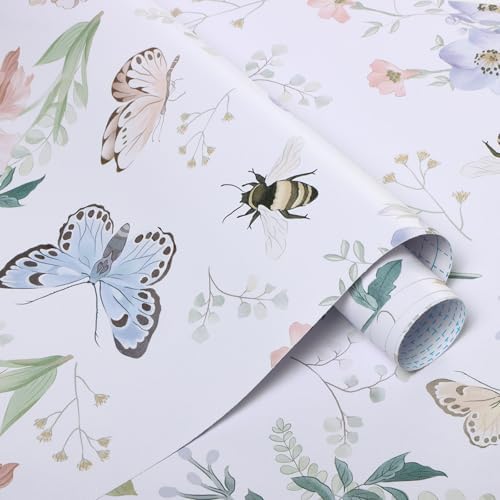 Vinjiasin Wallpaper Peel and Stick Colorful Floral Contact Paper Vintage Self Adhesive Removable Wall Paper for Bedroom Bathroom Flower Leaf Butterfly Bee 17.3" x 197" - Image 6