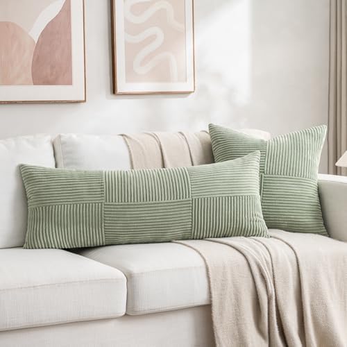Fancy Homi Set of 2 Sage Green Boho Long Lumbar Body Decorative Throw Pillow Cover 14x36 Inch for Bed Couch Bedroom Bench, Soft Patchwork Corduroy Textured Pillow Case, Rustic Farmhouse Room Décor - Image 5