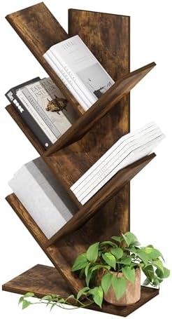 Furinno Tree Book Shelf, 5-Tier Bookshelf with Angled Open Shelf, Tree Bookcase for Room Decor, 8.4 x 15.7 x 30.3, for Organization and Storage, for Living Room, Bedroom, Home Office, Amber Pine by Furinno-FitsYourSpaceFitsYourBudget