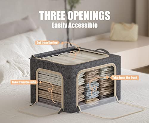 3 Openings Large Clothes Storage Bins with Metal Frame, Foldable Storage Bin for Clothes, Clothing Storage Bins with Lid, Linen Storage Box With Clear Window＆ Zippers＆ Handles.(3 Pcs,Dark Grey,66L) - Image 3