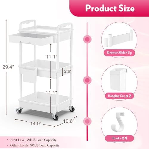 SUNALLY Makeup Cart Organizer with Drawer,3 Tier Rolling Makeup Cart, White - Image 2