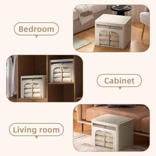 FHSQX 6 Pack Foldable Storage Bins for Clothes Clothes Storage Bins with Metal Frame Stackable Storage Box with Lid (Cream White, 19.7x15.7x13.8 inch (70L)) - Image 5