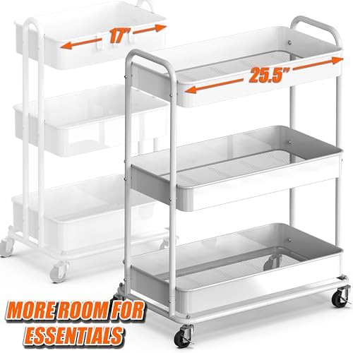 Simple Houseware 26" Extra-Wide 3-Tier Heavy Duty Metal Utility Cart, White - Image 4
